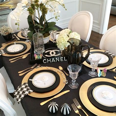 black and white stripe chanel inspired dining table